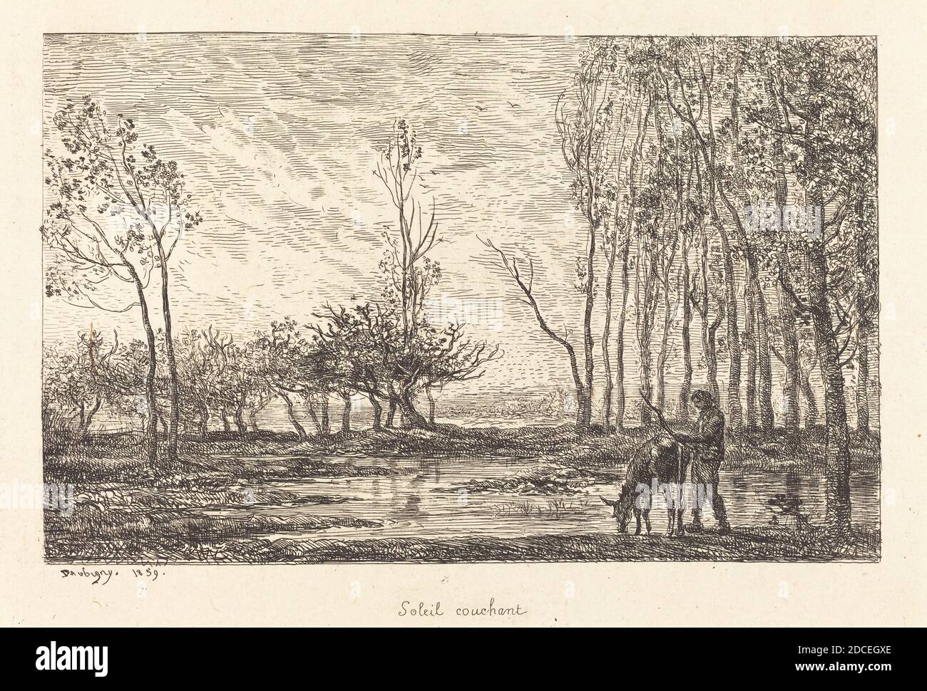 Charles-François Daubigny, (Künstler), französisch, 1817 - 1878, Sonnenuntergang (Soleil-Couchant), 1859, Radierung Stockfoto