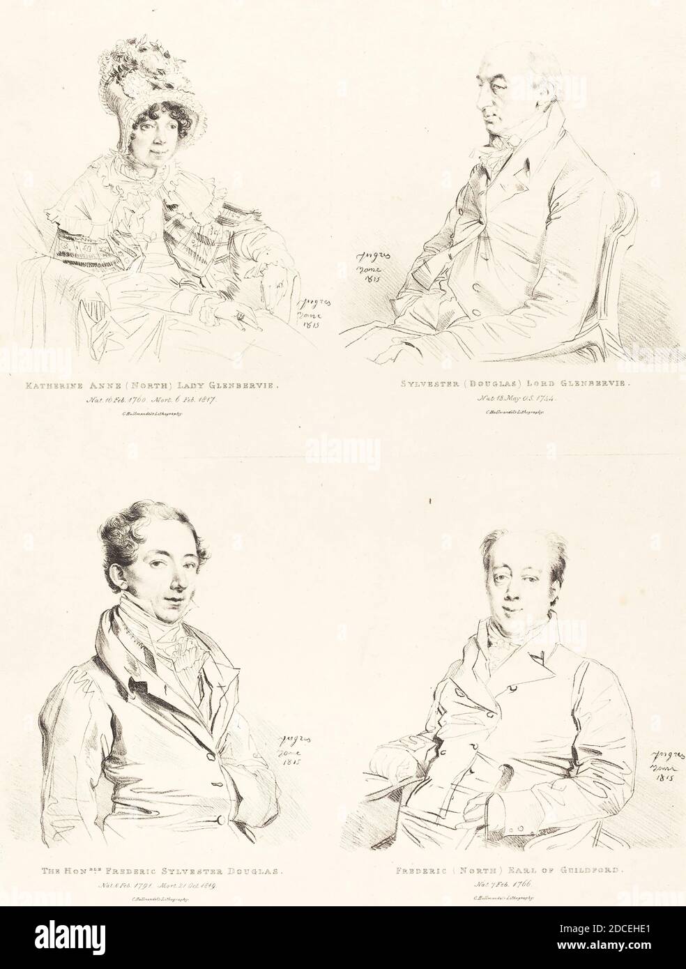 Jean-Auguste-Dominique Ingres, (Künstler), Französisch, 1780 - 1867, Sylvester (Douglas) Lord Glenbervie; Katherine Anne (North) Glenbervie; Frederic (North) Earl of Guilford; Frederic Sylvester Douglas, 1815, Lithographie, vier Porträts auf einem Blatt gedruckt Stockfoto