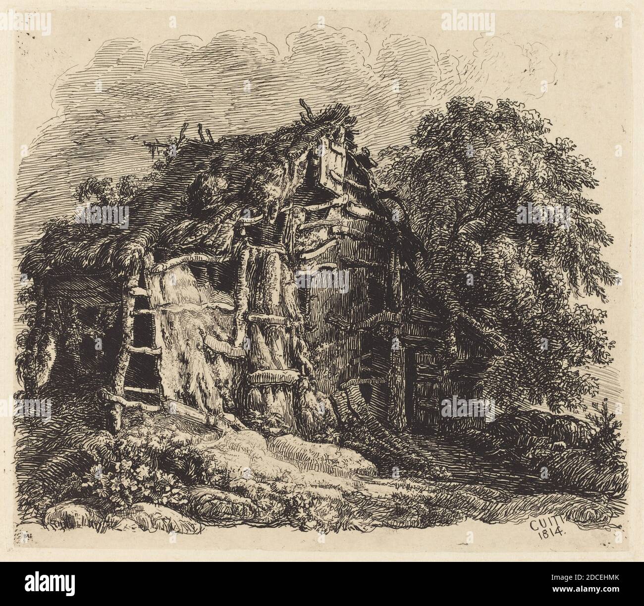 George Cuitt the Younger, (artist), British, 1779 - 1854, Welsh Hovel at Machynllaeth, 1814, Radierung auf Chine applique, Platte: 12.1 x 14 cm (4 3/4 x 5 1/2 Zoll), Blatt: 24 x 34.2 cm (9 7/16 x 13 7/16 Zoll Stockfoto