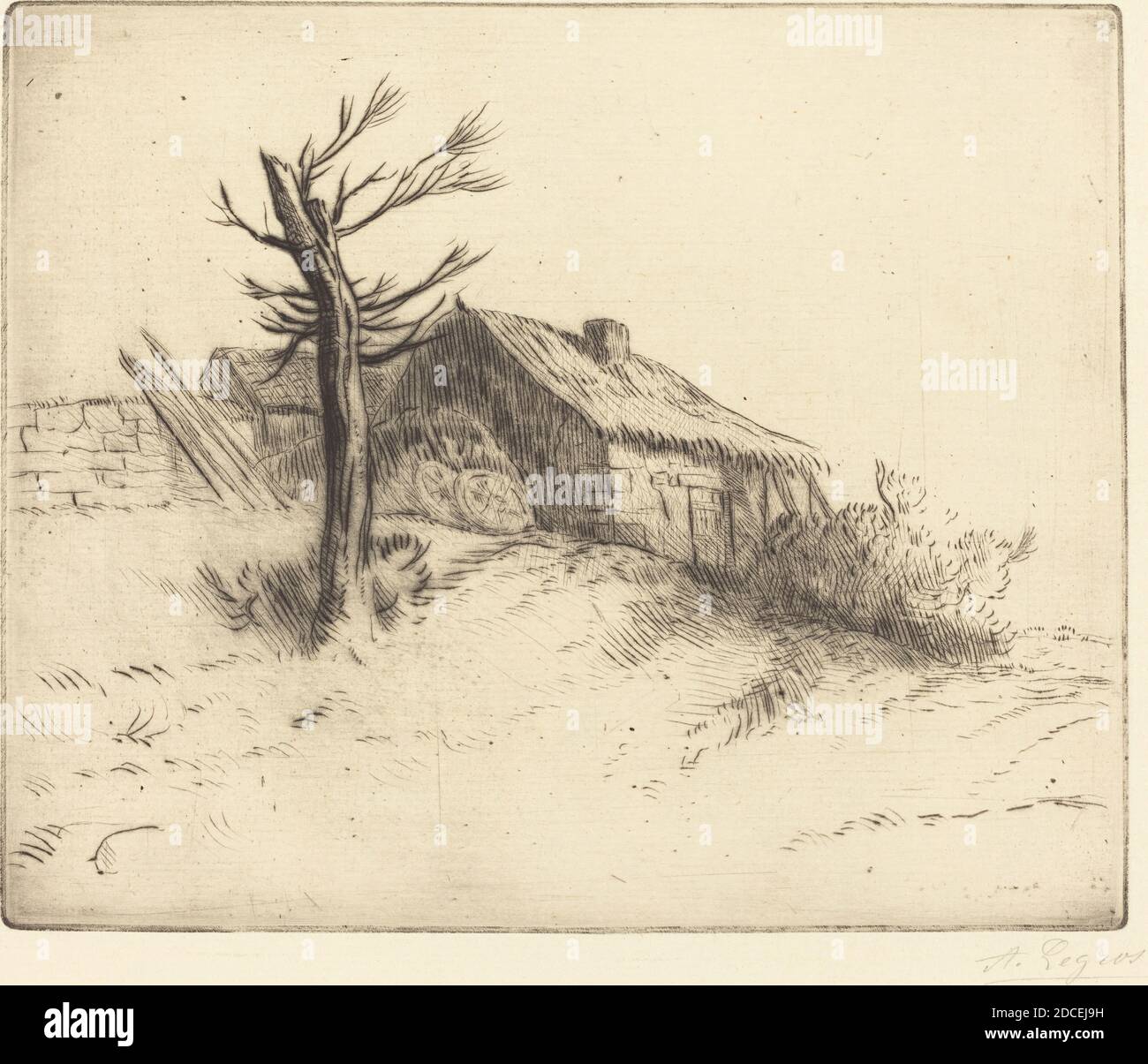 Alphonse Legros, (Künstler), Französisch, 1837 - 1911, Reetgedeckte Hütte (Chaumiere), Radierung und Trockenpunkt Stockfoto