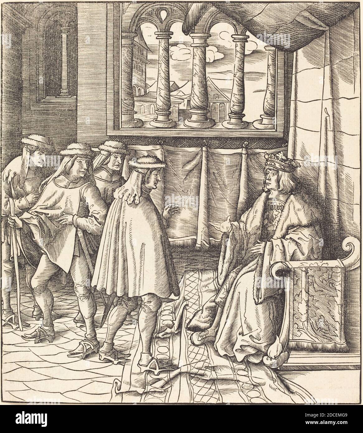 Leonhard Beck, (Künstler), Deutsch, c. 1480 - 1542, EIN König auf dem Thron, vor ihm vier Männer, Treitzsaurweins Weisskunig, (Serie), 1514/1516, Holzschnitt Stockfoto