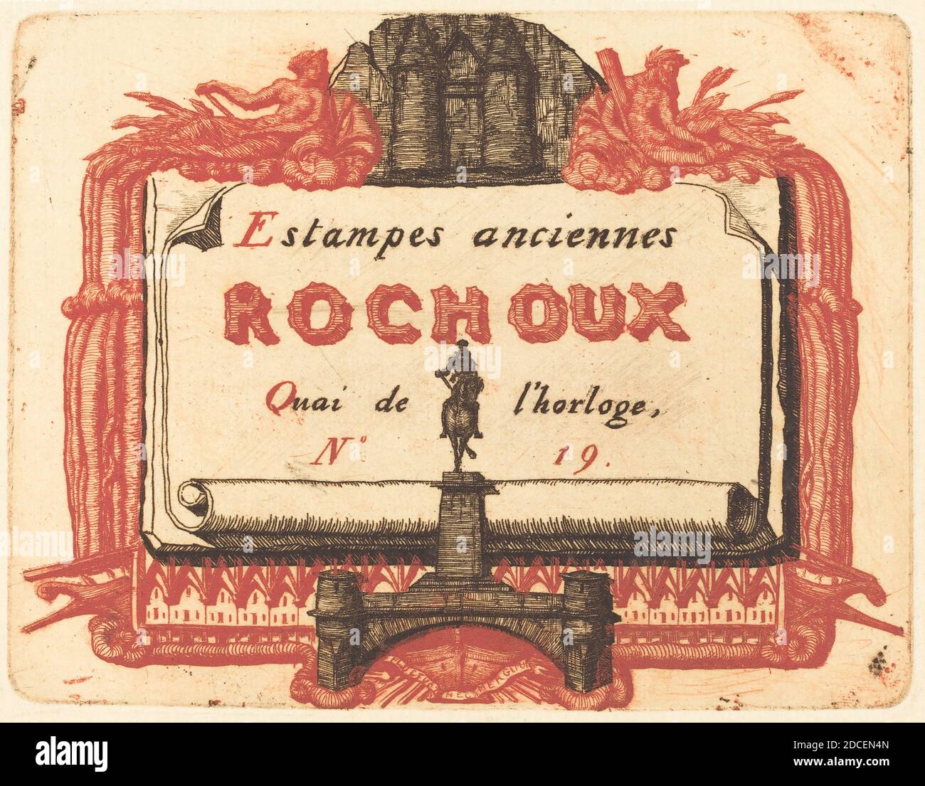 Charles Meryon, (Künstler), französisch, 1821 - 1868, Adresse de Rochoux, Marchand d'estampes (die Adresskarte von Rochoux, ein Grafiker), wahrscheinlich 1856, Radierung in rot und schwarz Stockfoto