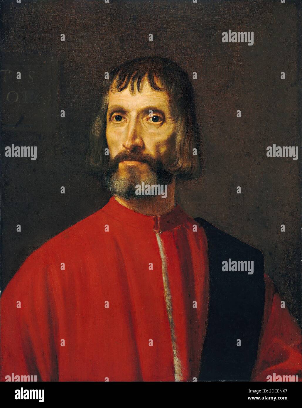 Anonymer Künstler, (Maler), Tizian, (verwandter Künstler), Venetian, 1488/1490 - 1576, Andrea de' Franceschi, Ende des 16. Oder Anfang des 17. Jahrhunderts, Öl auf Leinwand, insgesamt: 64.8 x 50.6 cm (25 1/2 x 19 15/16 Zoll), gerahmt: 87.15 x 73.98 x 7.78 cm (34 5/16 x 29 1/8 x 3 1/16 in.), Andrea de’ Franceschi verfolgt eine sehr erfolgreiche Karriere im öffentlichen Dienst und schließlich Aufstieg zum Großkanzler von Venedig. Dieses Büro, das für jeden Venezianer von einer nichtnoblen Familie das höchste war, das erreichbar war, wurde für Leben gehalten. Im Rang war er jener des Senators älter Stockfoto