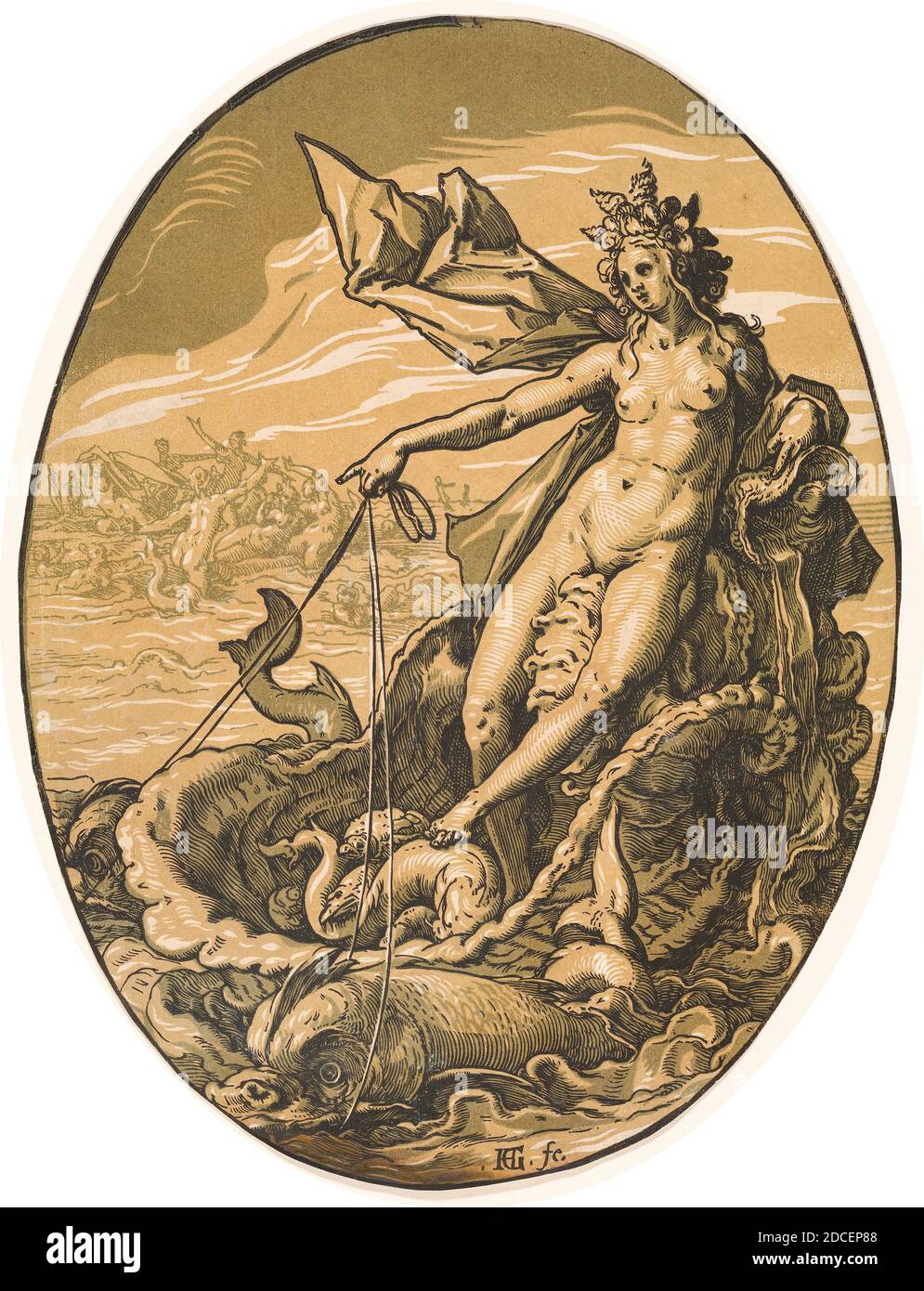 Hendrick Goltzius, (Künstler), Niederländisch, 1558 - 1617, Tethys, Gods and Goddesses, (Serie), 1588/1590, Chiaroscuro Holzschnitt in Sepia-Ocker, Olive und Schwarz Stockfoto
