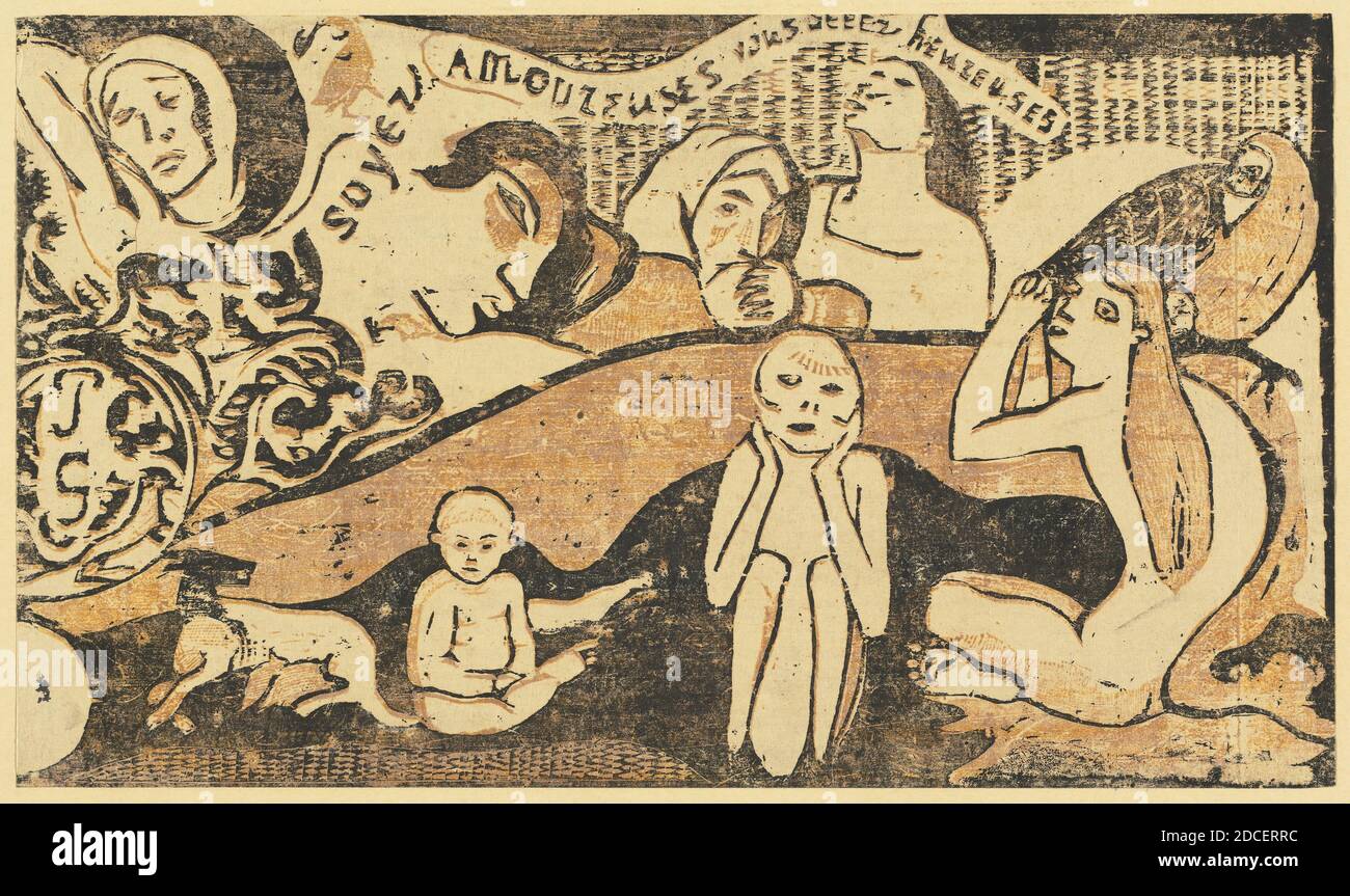 Paul Gauguin, (Künstler), französisch, 1848 - 1903, Be in Love and You will Be Happy (Soyez amoureuses, vous serez heureuses), in oder nach 1895, Holzschnitt in hellbraun und schwarz auf Chine collé Stockfoto