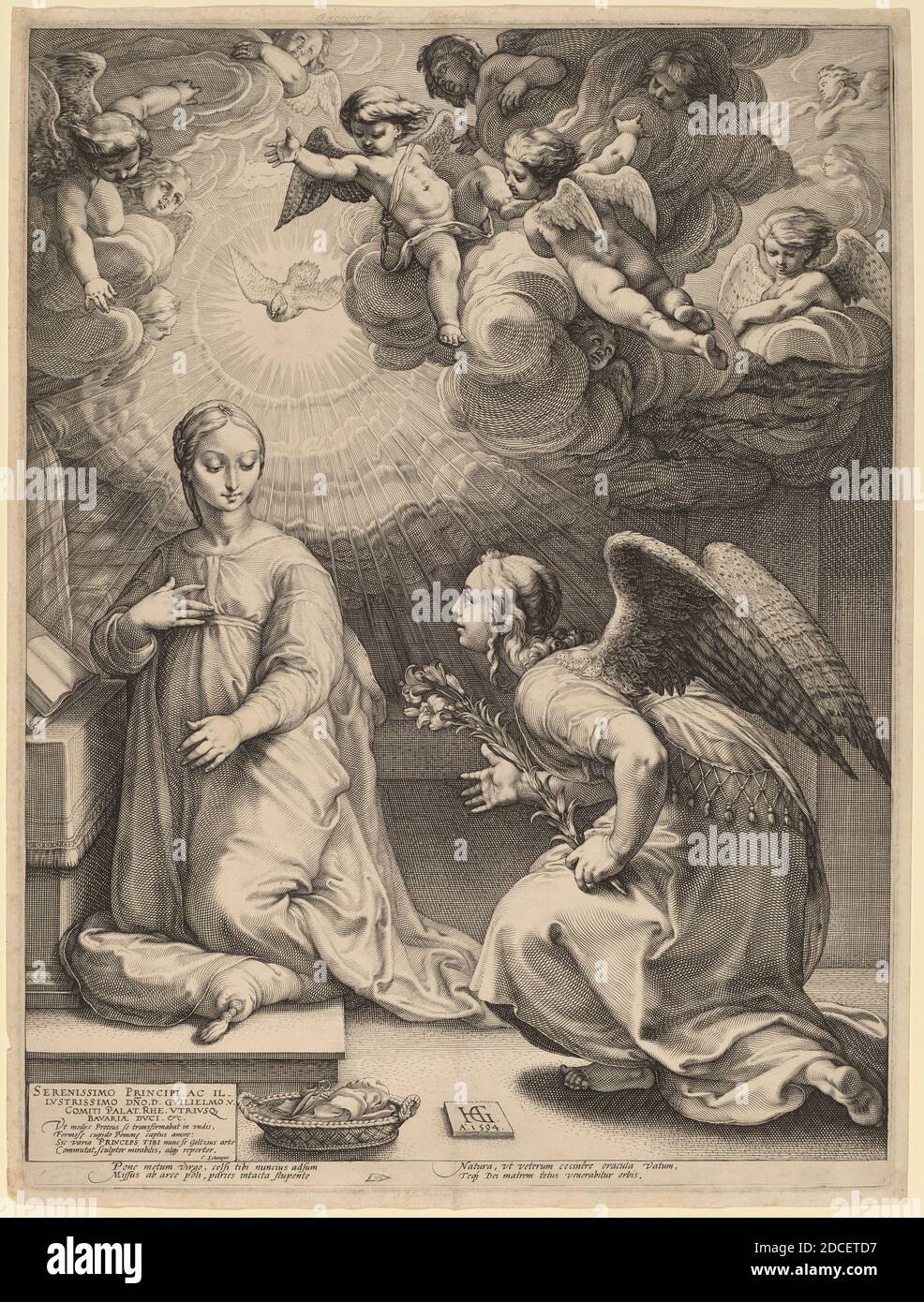 Hendrick Goltzius, (Künstler), Niederländisch, 1558 - 1617, die Verkündigung, das Leben der Jungfrau, (Serie), 1594, Gravur auf Papier Stockfoto