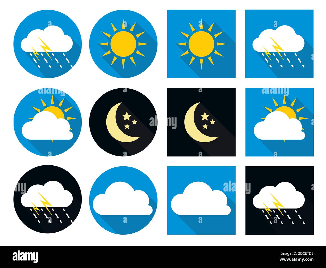 Wettersymbole mit Sonne, Wolke, Regen und Mond im flachen Stil mit langen Schatten Stockfoto