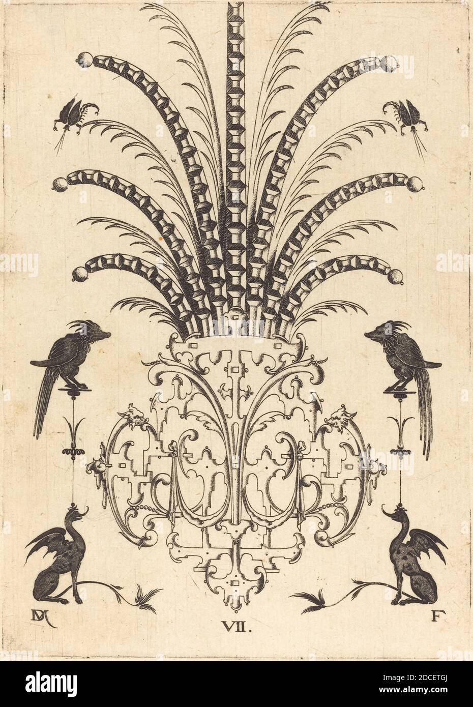 Daniel Mignot, (Künstler), deutsch, aktiv 1593/1596, Brosche mit Tischsteinen, Fliegende Skorpione oben und Hunde unten, Broschen: pl.7, (Serie), 1596, Gravur Stockfoto