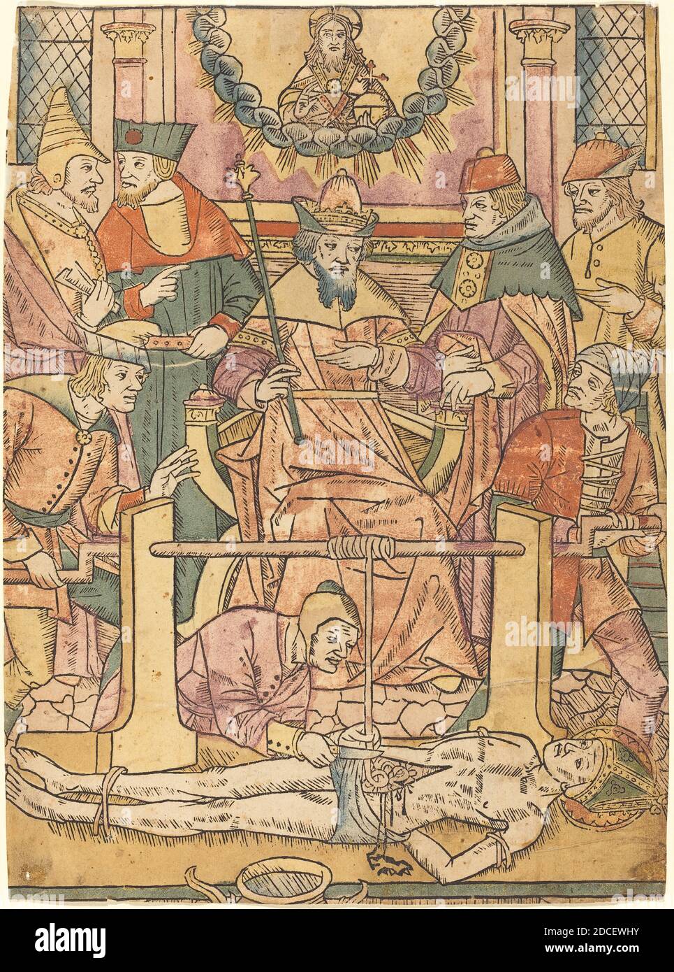 Französisch 15. Jahrhundert, (Künstler), das Martyrium des Heiligen Erasmus, 1480/1490, Holzschnitt, handgefärbt in hellviolett, rosa, grau-grün, gelb, braun und grau-blau Stockfoto