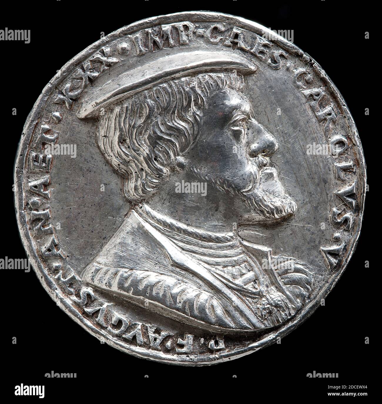 Matthes Gebel, (Künstler), Deutsch, c. 1500 - 1574, Karl V., 1500-1558, König von Spanien 1516-1556, Kaiser des Heiligen Römischen Reiches 1519, 1530, unversilbert, Gesamtdurchmesser: 3.72 cm 7/16, Bruttogewicht: 32.1 g (0.071 lb.), Achse: 6:00 Stockfoto