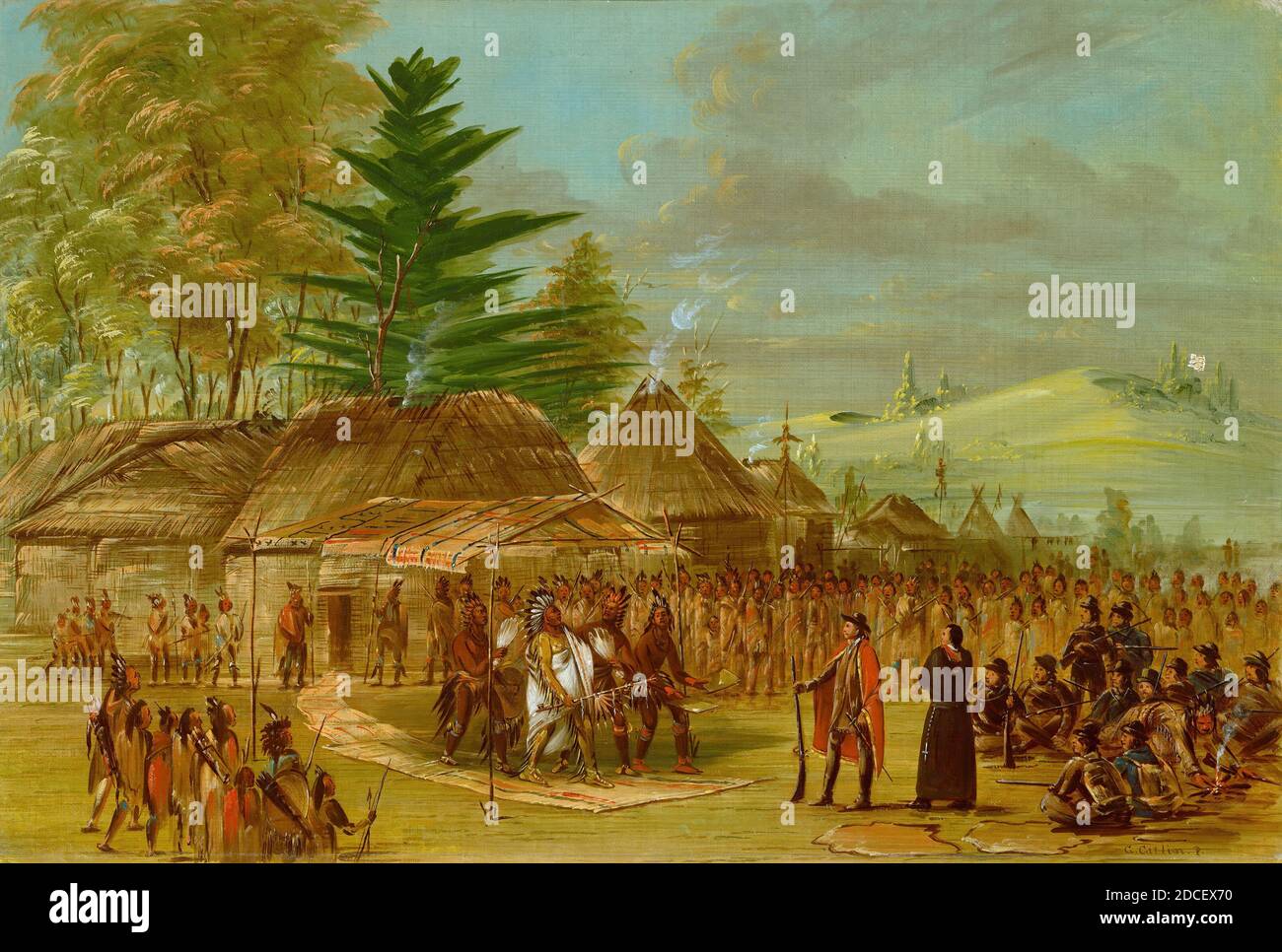 George Catlin, (Künstler), Amerikaner, 1796 - 1872, Chef der Taensa-Indianer, die La Salle empfangen. März 20, 1682, 1847/1848, Öl auf Leinwand, insgesamt: 42 x 60.3 cm (16 9/16 x 23 3/4 Zoll Stockfoto