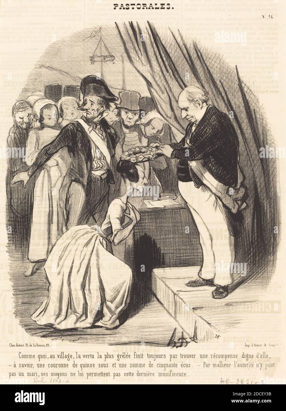 Honoré Daumier, (Künstler), Französisch, 1808 - 1879, Comme quoi, au Village, la vertu la plus grêlée..., Pastorales: pl. 16, (Serie), 1845, Lithographie auf Zeitungspapier Stockfoto