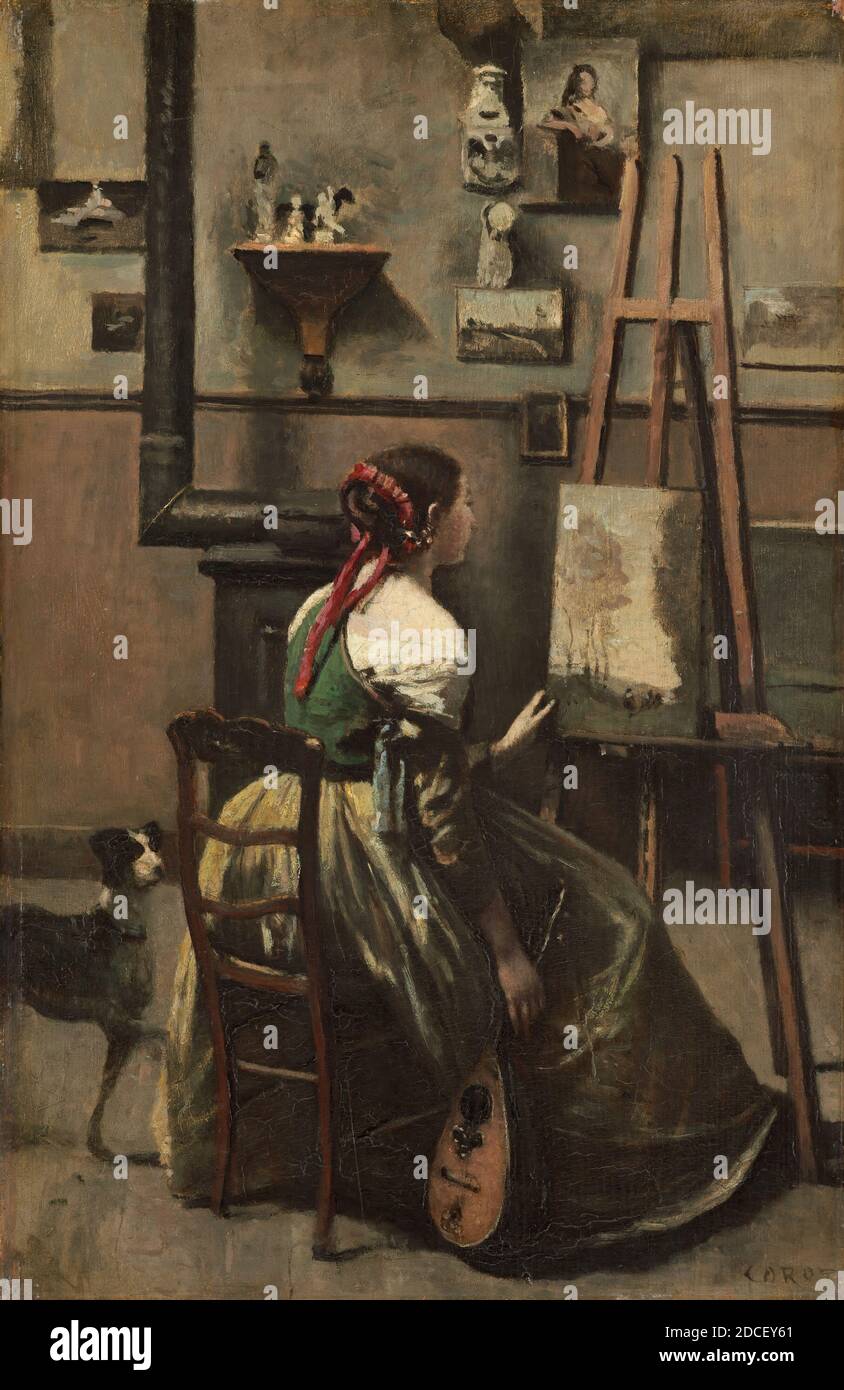 Jean-Baptiste-Camille Corot, (Künstler), Französisch, 1796 - 1875, Corots Studio: Frau sitzt vor einem Easel, ein Mandolin in ihrer Hand, c. 1868, Öl auf Holz, insgesamt: 61.8 x 40 cm (24 5/16 x 15 3/4 Zoll), gerahmt: 78.4 x 56.5 cm (30 7/8 x 22 1/4 Zoll Stockfoto