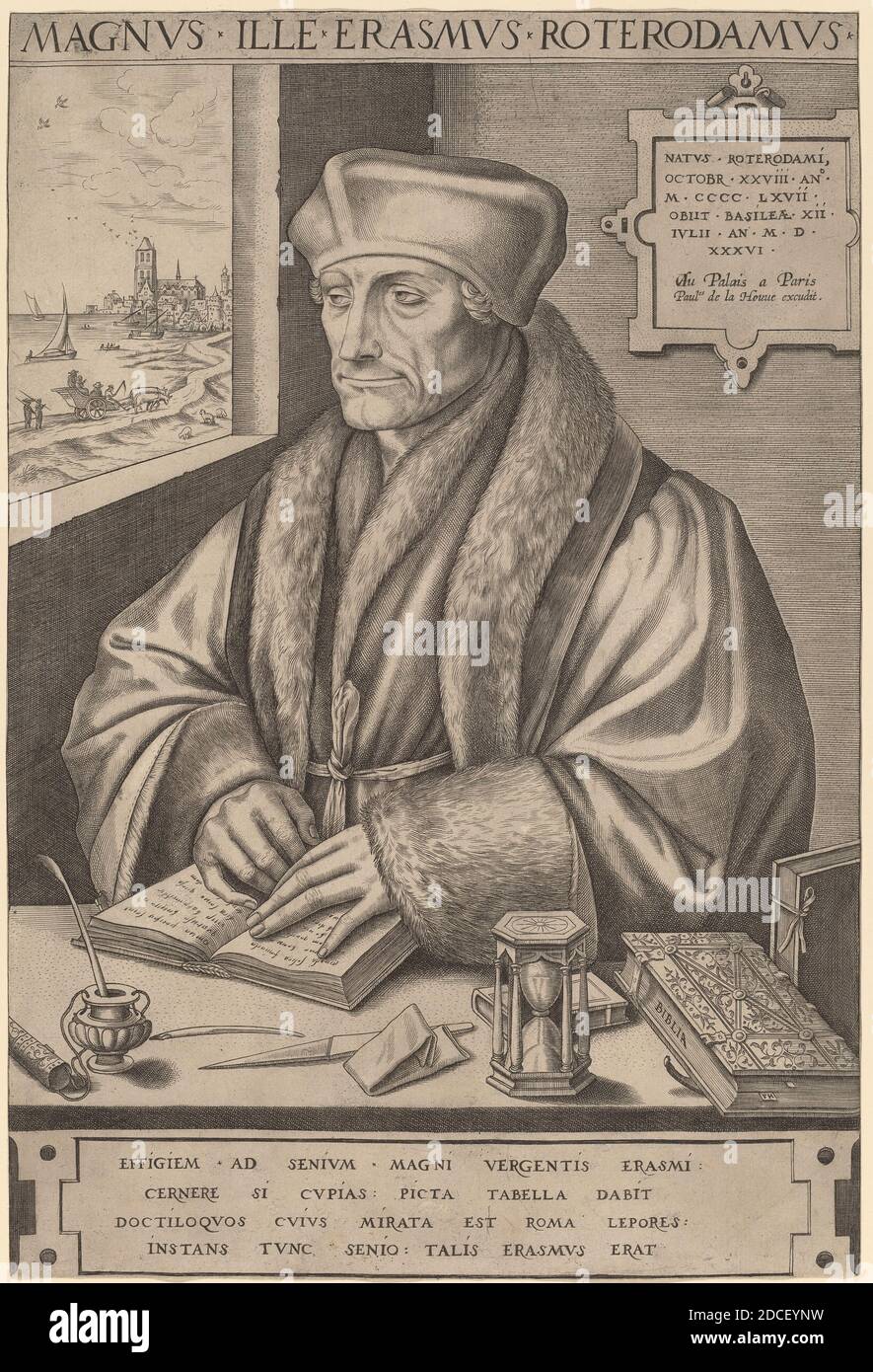 Frans Huys, (Künstler), Flämisch, 1522 - 1562, Hans Holbein der Jüngere, (Künstler nach), Deutsch, 1497/1498 - 1543, Erasmus von Rotterdam, Gravur Stockfoto