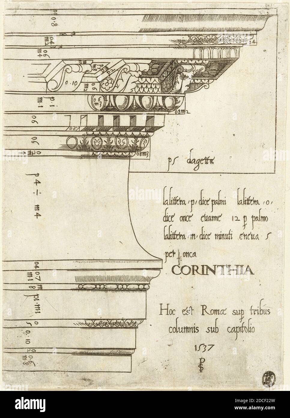 Meister PS, (Künstler), Italienisch (?), aktiv 1535/1537, Entablatur aus dem Tempel von Castor und Pollux, Rom, verschiedene architektonische Teile des korinthischen Ordens, (Serie), 1537, Gravur Stockfoto