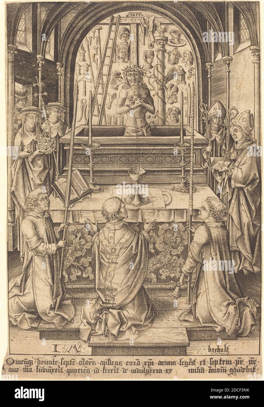 Israelhel van Meckenem, (Künstler), Deutsch, c. 1445 - 1503, die Messe des heiligen Gregor, c. 1480/1485, Gravur Stockfoto