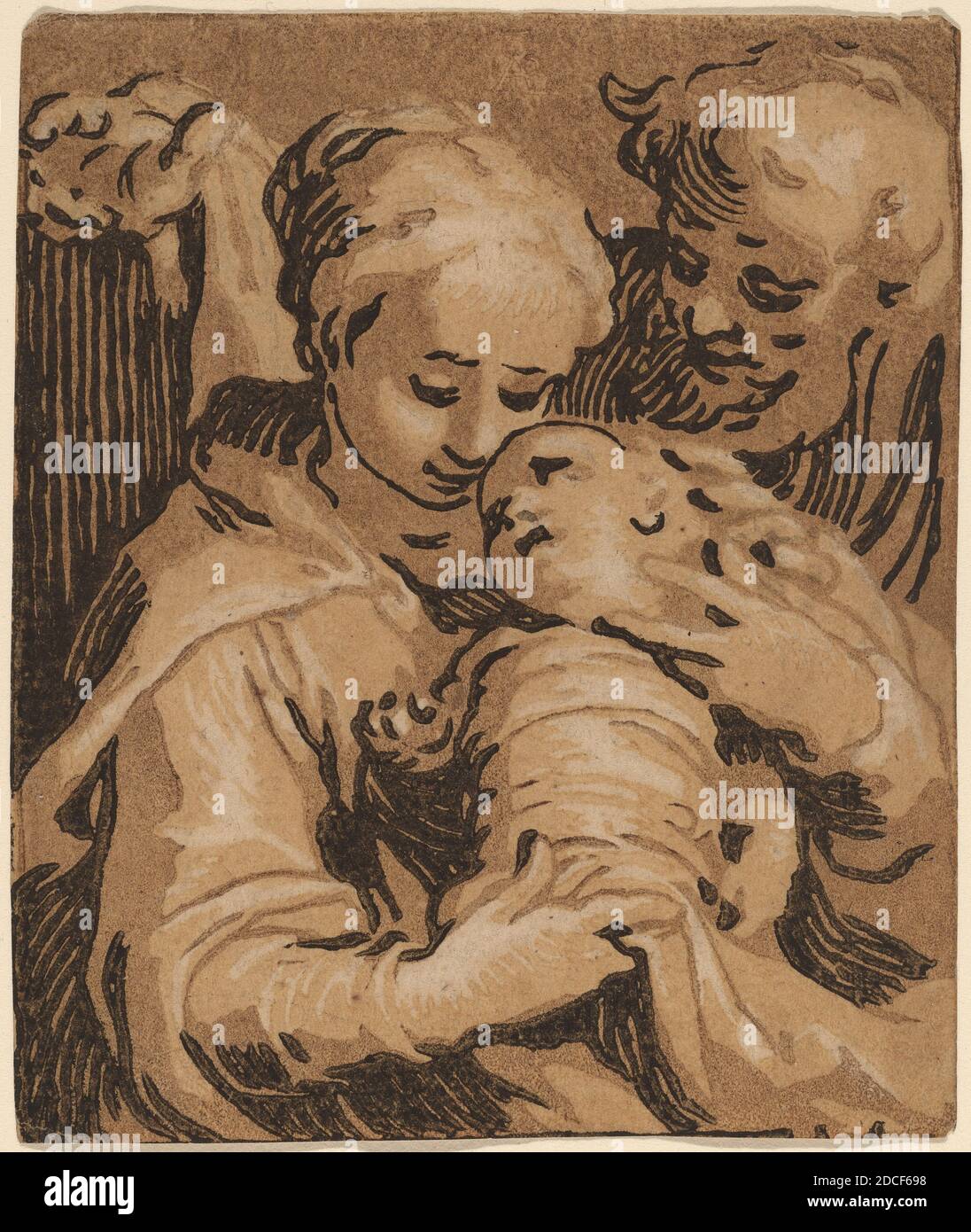 Abraham Bloemaert, (Künstler), Niederländisch, 1566 - 1651, die Heilige Familie, Holzschnitt in Chiaroscuro, Blatt: 9 x 7.6 cm (3 9/16 x 3 Zoll Stockfoto