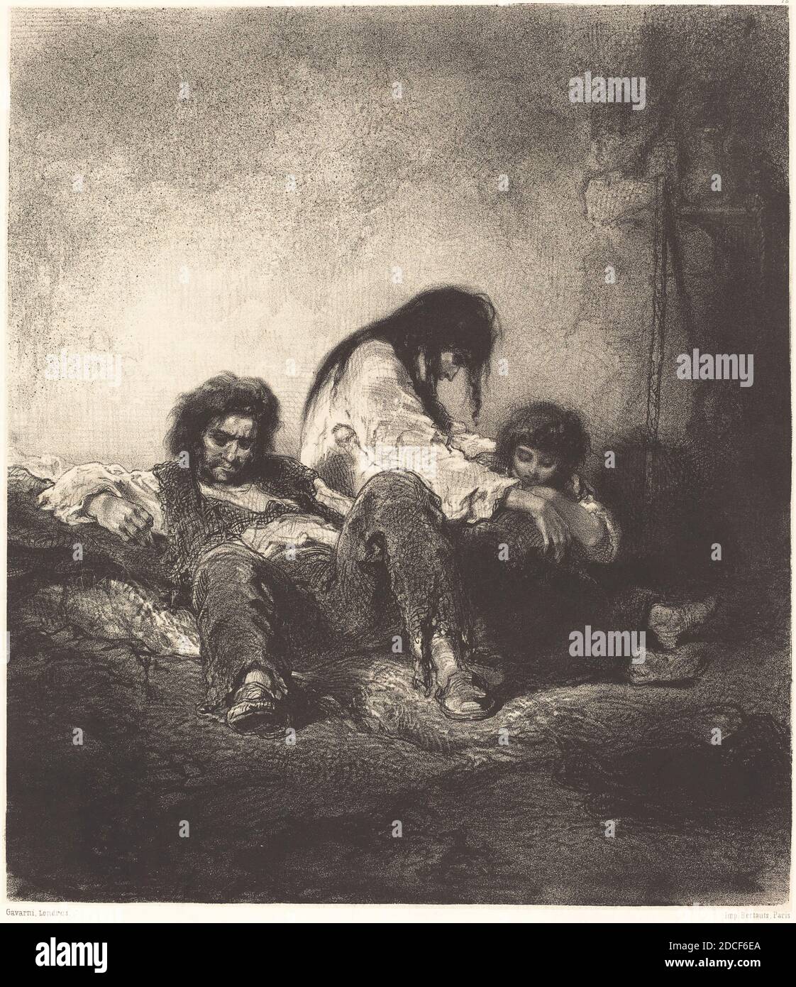 Paul Gavarni, (Künstler), französisch, 1804 - 1866, die arme Familie (Une famille pauvre), 1843/1848, Lithographie Stockfoto