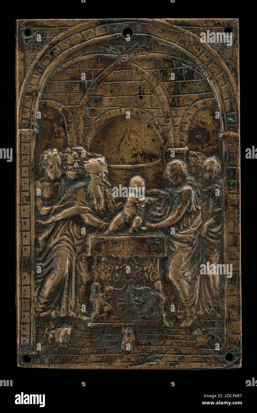 Moderno, (Künstler), Veronese, 1467 - 1528, die Darstellung Jesu im Tempel, Ende 15. - Anfang 16. Jahrhundert, Bronze/hellbraune Patina, insgesamt: 10.02 × 6.42 cm (3 15/16 × 2 1/2 in.), Bruttogewicht: 114.07 gr (0.251 lb Stockfoto