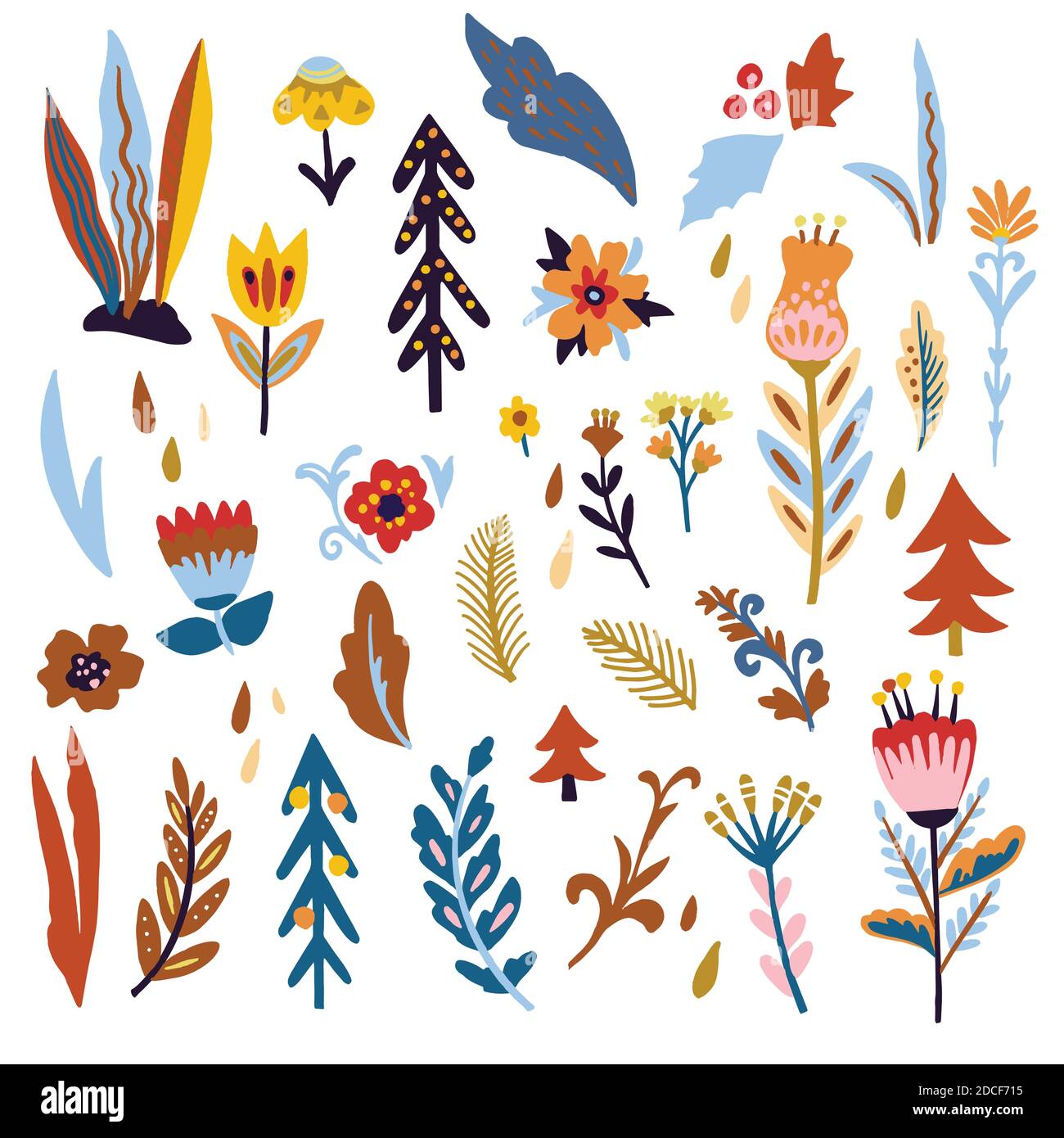 Großes Set mit niedlichen Doodle trendigen Pflanzen und Blumen. Stock Vektor