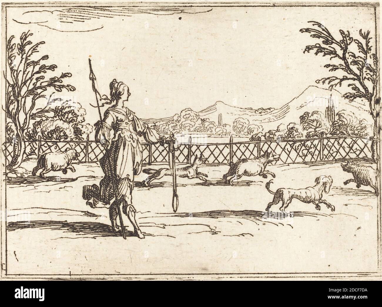 Jacques Callot, (Künstler), Französisch, 1592 - 1635, die Jägerin, das Leben der Jungfrau in Emblemen, (Serie), Radierung Stockfoto