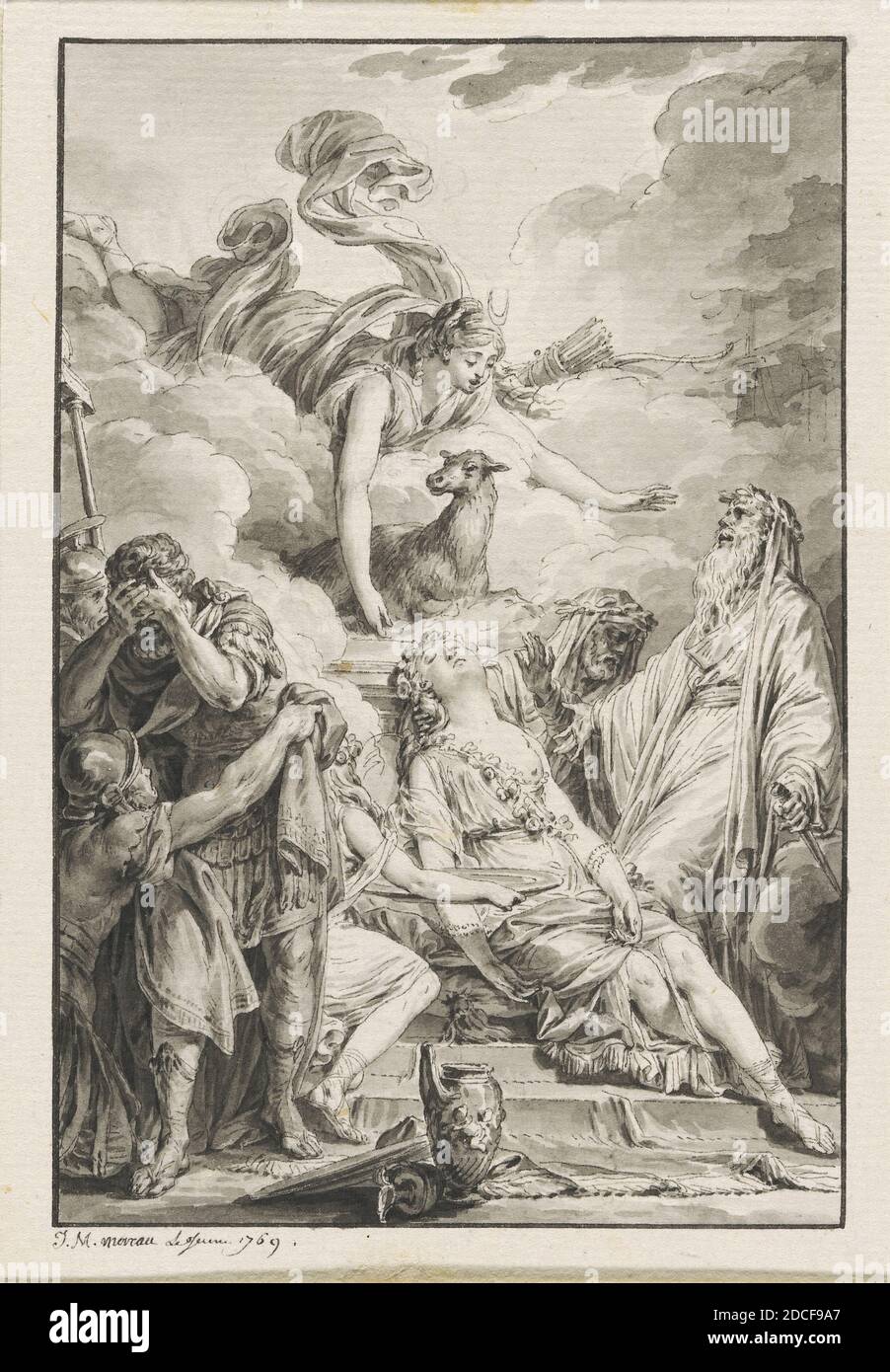 Jean-Michel Moreau der Jüngere, (Künstler), Französisch, 1741 - 1814, das Opfer von Iphigenia, Album der Zeichnungen & Drucke zu 'Les Metamorphoses d'Ovide', (Serie), 1769, Stift und Pinsel und schwarze Tinte mit grauer Waschung über Graphitspuren mit Grenzlinie des Künstlers auf gedecktem Papier, Bild: 13.3 x 8.9 cm (5 1/4 x 3 1/2 Zoll Stockfoto