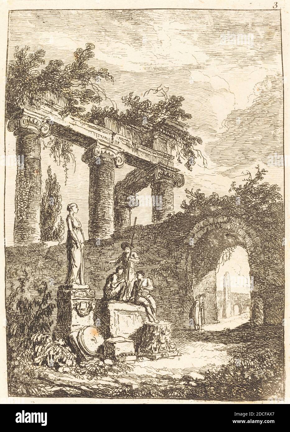 Hubert Robert, (Künstler), Französisch, 1733 - 1808, die Statue vor den Ruinen, Les Soirees de Rome (Abende in Rom):pl.3, (Serie), Radierung Stockfoto