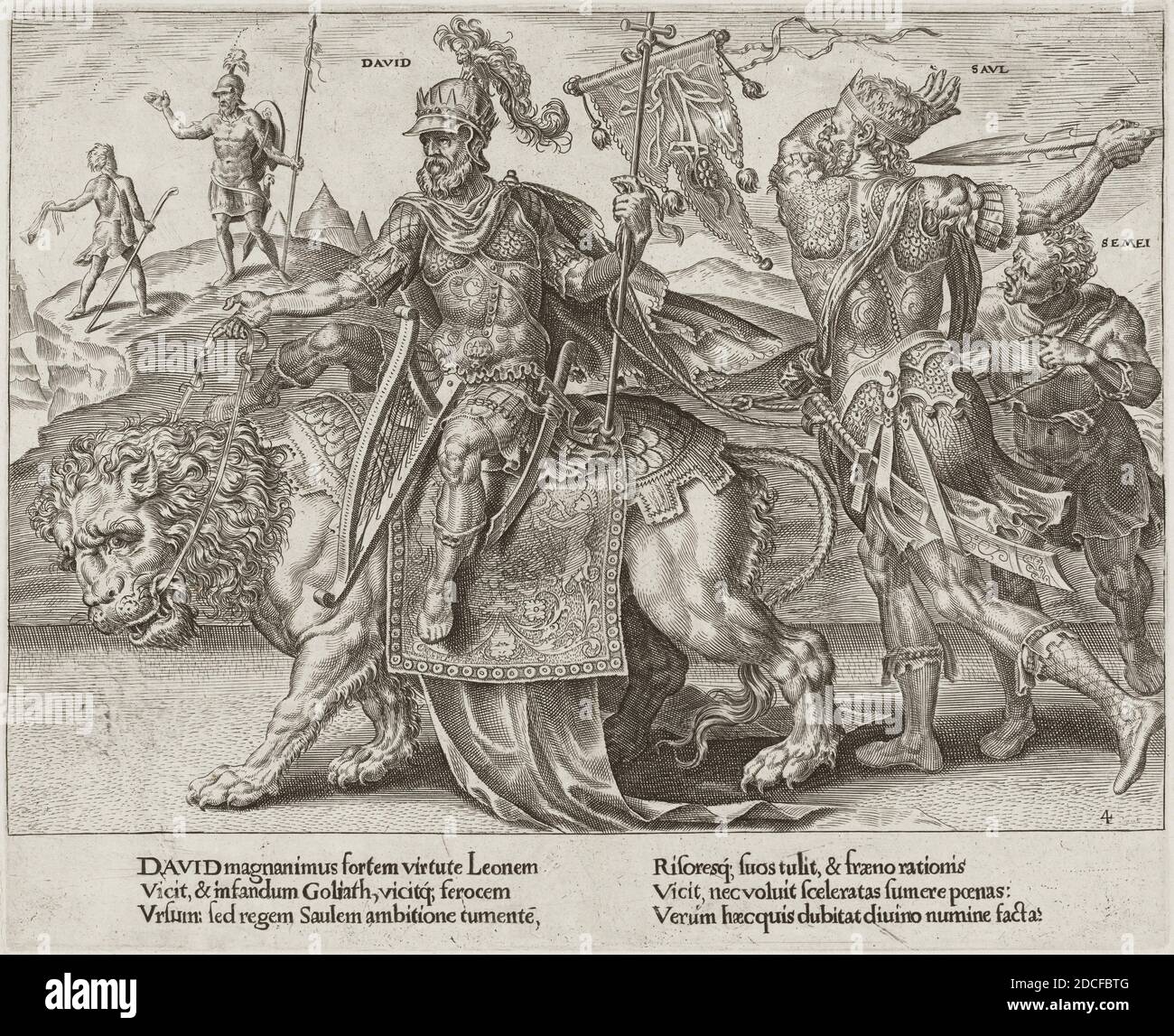 Dirck Volckertz Coornhert, (Künstler), Niederländisch, 1522 - 1590, Maerten van Heemskerck, (Künstler nach), Niederländisch, 1498 - 1574, Joannes Galle, (Verleger), Flämisch, wahrscheinlich 1600 - 1676, der Triumph Davids, Patientiae Triumph ... Elegantissimis Imaginibus Expressus (der Triumph der Geduld), (Serie), 1559 (erschienen 1638), Gravur und Radierung auf Büttenpapier, Blatt: 30.5 × 38.9 cm (12 × 15 5/16 Zoll), Platte: 20.8 × 25.7 cm (8 3/16 × 10 1/8 Zoll Stockfoto