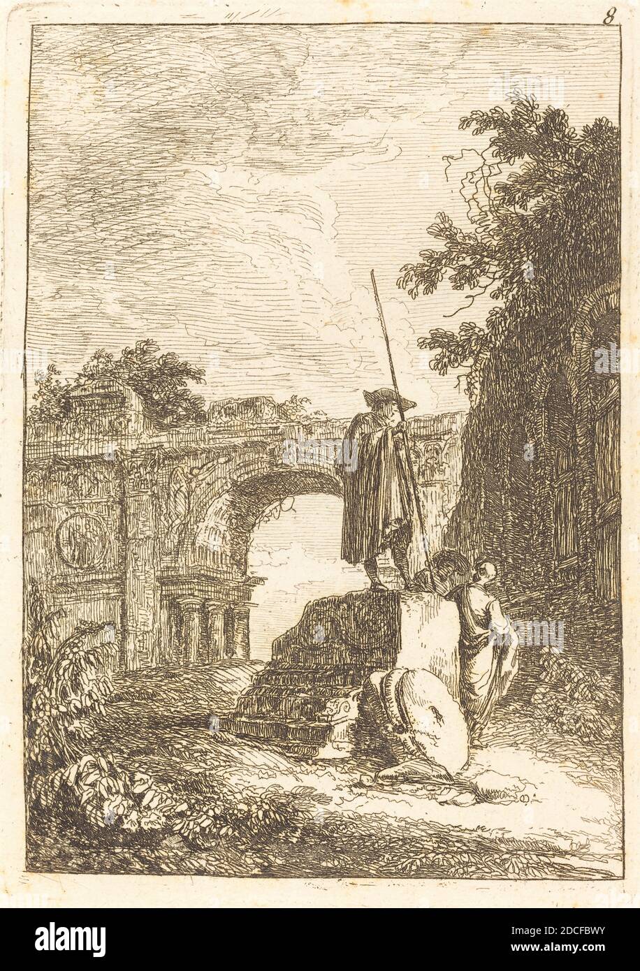 Hubert Robert, (Künstler), Französisch, 1733 - 1808, Triumphbogen, Les Soirees de Rome (Abende in Rom):pl.8, (Serie), Radierung Stockfoto