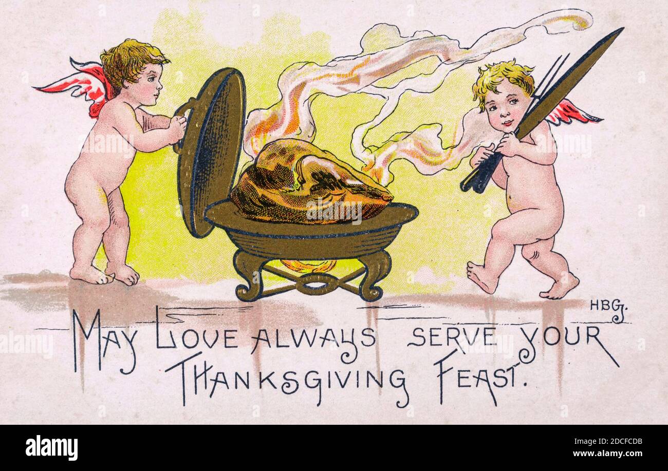 May Love Serve immer Ihr Thanksgiving Fest - EIN Jahrgang Postkarte mit Cherubs Cooking Thanksgiving Dinner Stockfoto