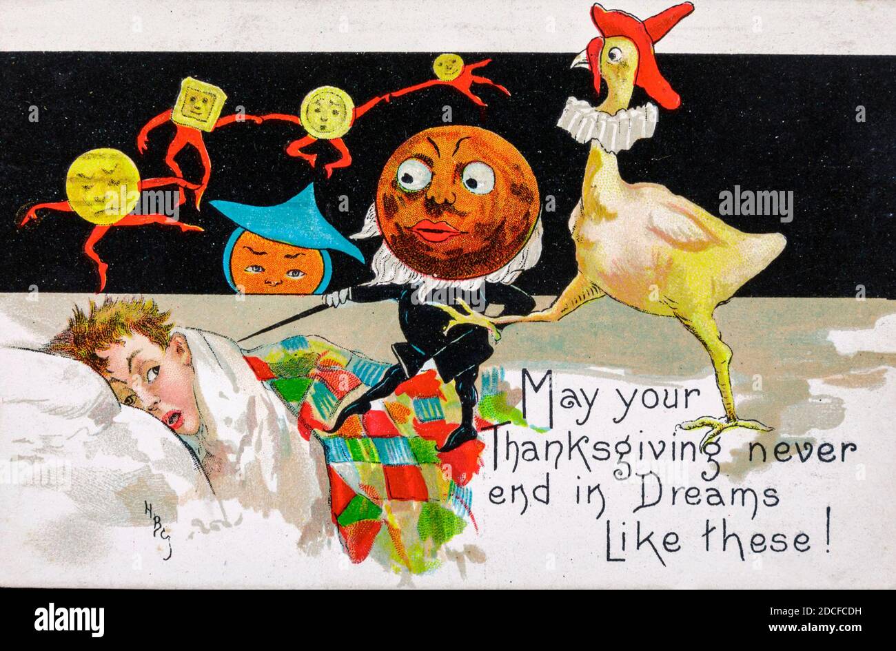 Möge dein Thanksgiving nie in solchen Träumen enden - Eine Vintage-Postkarte, auf der jemand Albträume hat, nachdem er zu viel gegessen hat Stockfoto