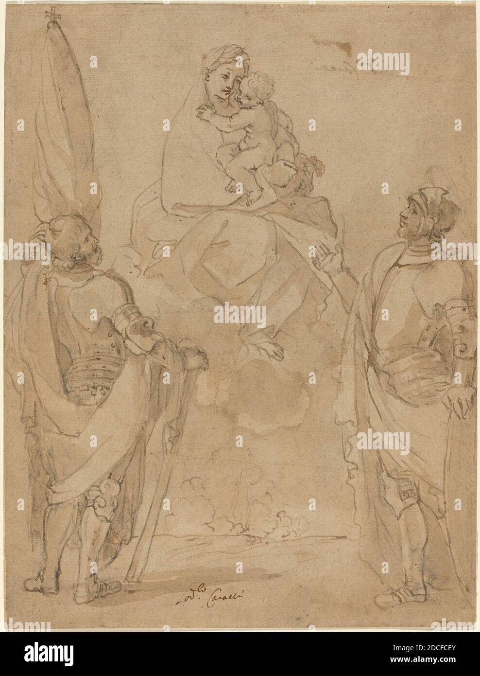 Lodovico Carracci, (Künstler), Bolognese, 1555 - 1619, die Jungfrau und das Kind, die den Heiligen Georg und Wilhelm erscheinen, Stift und braune Tinte mit brauner WASH über schwarzer Kreide auf gedecktem Papier, insgesamt: 27.7 x 20.9 cm (10 7/8 x 8 1/4 Zoll), Unterstützung: 34.6 x 28 cm (13 5/8 x 11 Zoll Stockfoto