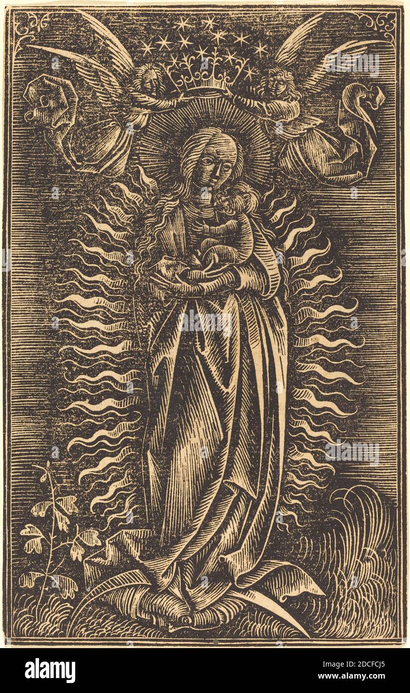 Deutsch 15. Jahrhundert, (Künstler), die Jungfrau gekrönt von zwei Engeln, c. 1500, weiße Linie Holzschnitt Stockfoto