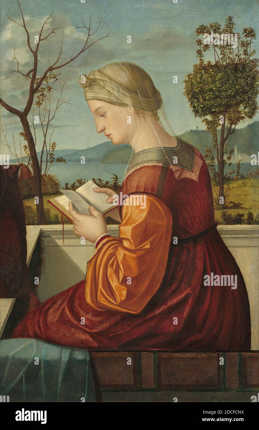 Vittore Carpaccio, (Künstler), Venetian, c. 1465 - 1525/1526, The Virgin Reading, c. 1505, Öl auf Leinwand übertragen, insgesamt: 78 x 51 cm (30 11/16 x 20 1/16 Zoll), gerahmt: 119.7 x 86.4 x 10 cm (47 1/8 x 34 x 3 15/16 Zoll Stockfoto