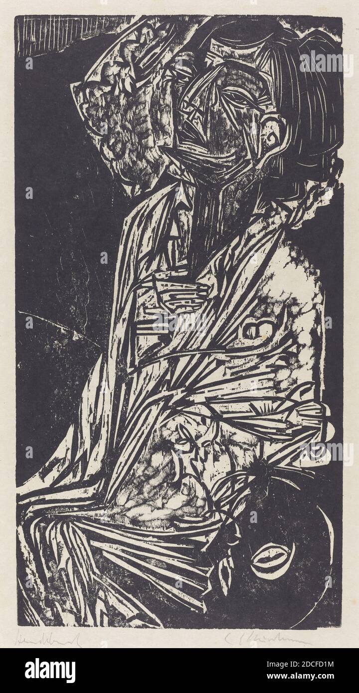 Ernst Ludwig Kirchner, (Künstler), deutsch, 1880 - 1938, die Frau von Professor Goldstein, 1916, Holzschnitt in Schwarz auf Blottingpapier, Bild: 45.5 x 24.1 cm (17 15/16 x 9 1/2 Zoll), Blatt: 58.1 x 41.9 cm (22 7/8 x 16 1/2 Zoll Stockfoto