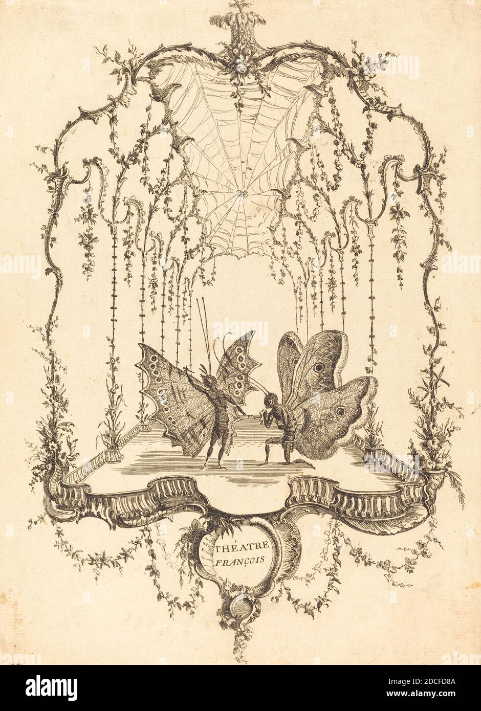 Charles Germain de Saint-Aubin, (Künstler), Französisch, 1721 - 1786, Théâtre Français, Essai de Papilloneries Humaines, (Serie), in oder nach 1756, Radierung, Blatt: 32.7 x 23.8 cm (12 7/8 x 9 3/8 Zoll Stockfoto
