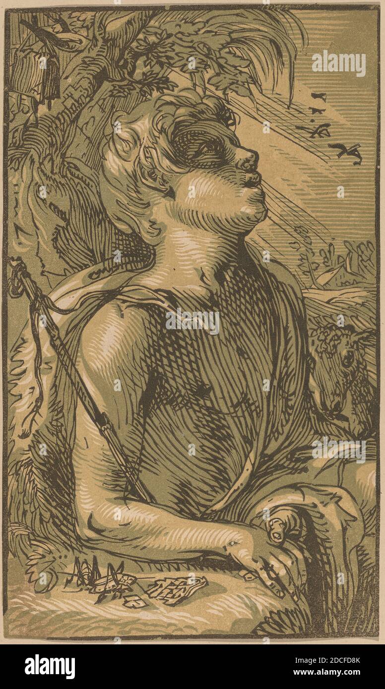 Hendrick Goltzius, (Künstler), Niederländisch, 1558 - 1617, der junge Heilige Johannes der Täufer, wahrscheinlich c. 1588, Chiaroscuro Holzschnitt in Sepia-Ocker, Olive und Schwarz Stockfoto