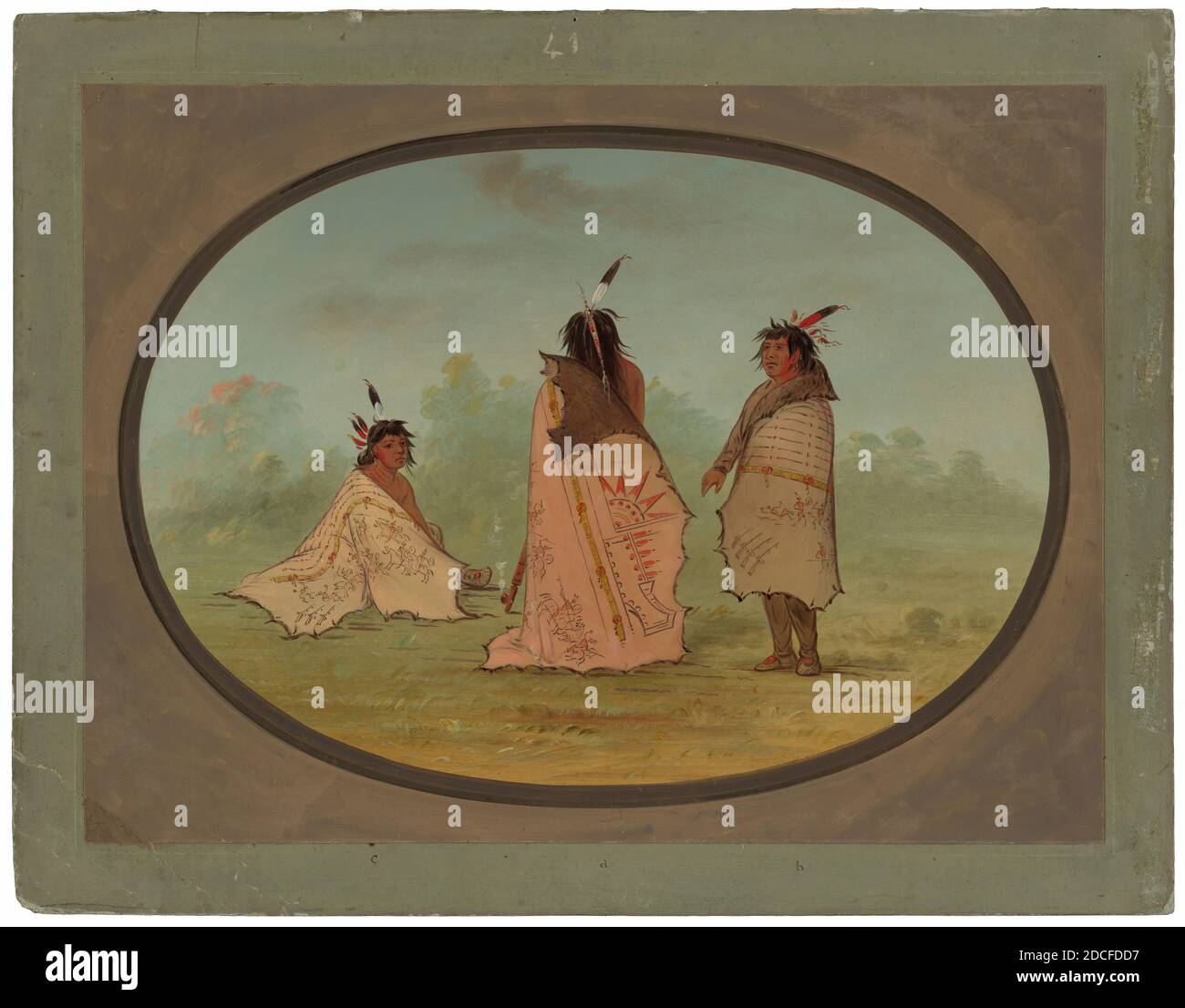 George Catlin, (Künstler), Amerikaner, 1796 - 1872, Three Blackfoot Men, 1855/1869, Öl auf Karton, insgesamt: 46.1 x 62 cm (18 1/8 x 24 7/16 Zoll Stockfoto