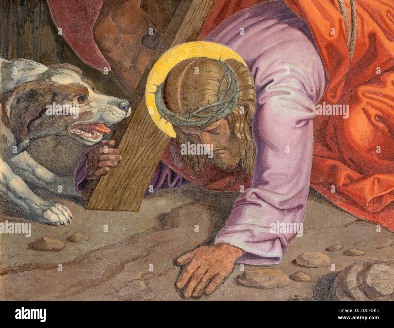 WIEN, AUSTIRA - 22. OKTOBER 2020: Das Detail des Freskenfalls Jesu entkleide das Kreuz als Teil der Kreuzweg-Station. Stockfoto