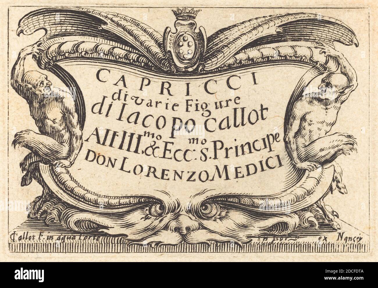 Jacques Callot, (Künstler), Französisch, 1592 - 1635, Titelseite für 'The Capricci', Capricci (Nancy-Serie), (Serie), c. 1622, Ätzen Stockfoto