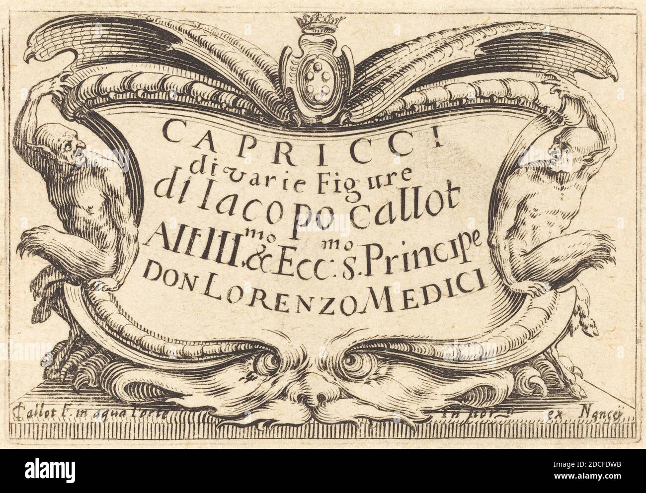 Jacques Callot, (Künstler), Französisch, 1592 - 1635, Titelseite für 'The Capricci', Capricci (Nancy-Serie), (Serie), c. 1622, Ätzen Stockfoto