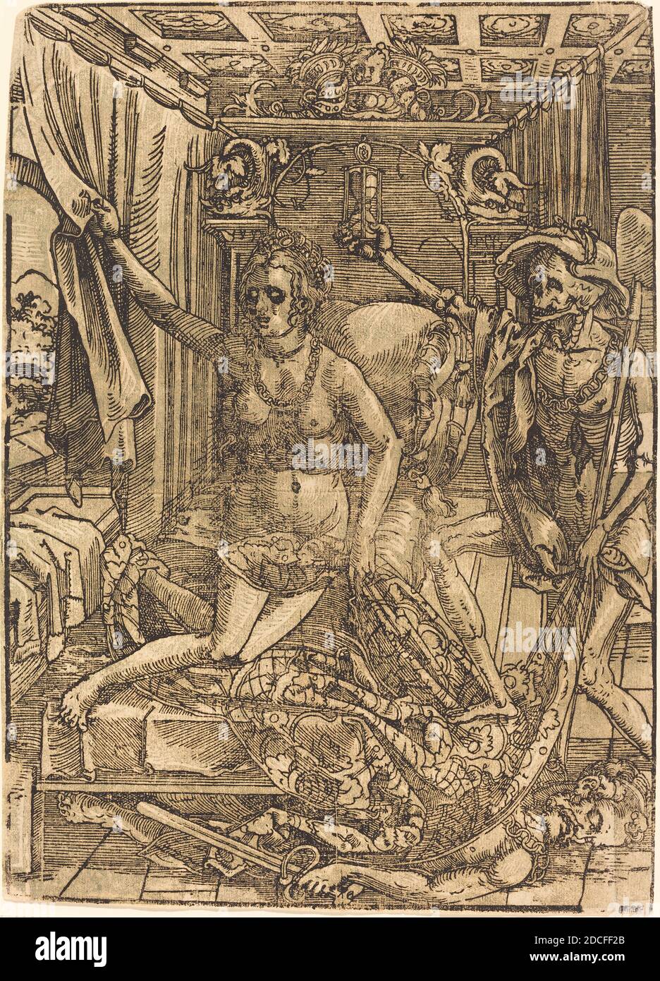 Deutsch 16. Jahrhundert, (Künstler), Sebald Beham, (Künstler nach), Deutsch, 1500 - 1550, Tod und Kurtisane, Chiaroscuro Holzschnitt Stockfoto