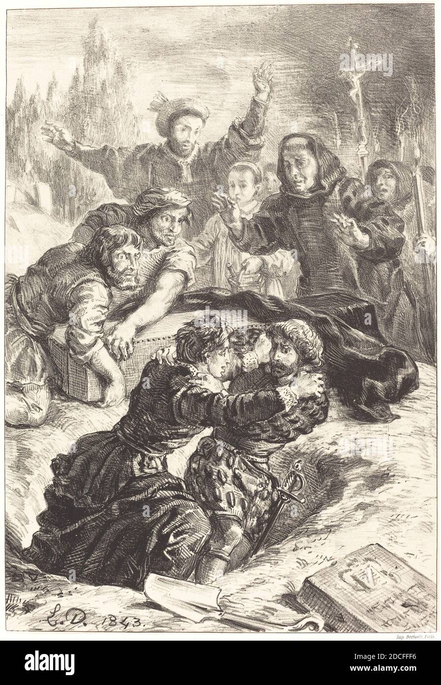 Eugène Delacroix, (Künstler), Französisch, 1798 - 1863, Hamlet und Laertes im Grab von Ophelia (Akt V, Szene I), Shakespeares 'Hamlet', (Serie), 1843, Lithographie Stockfoto