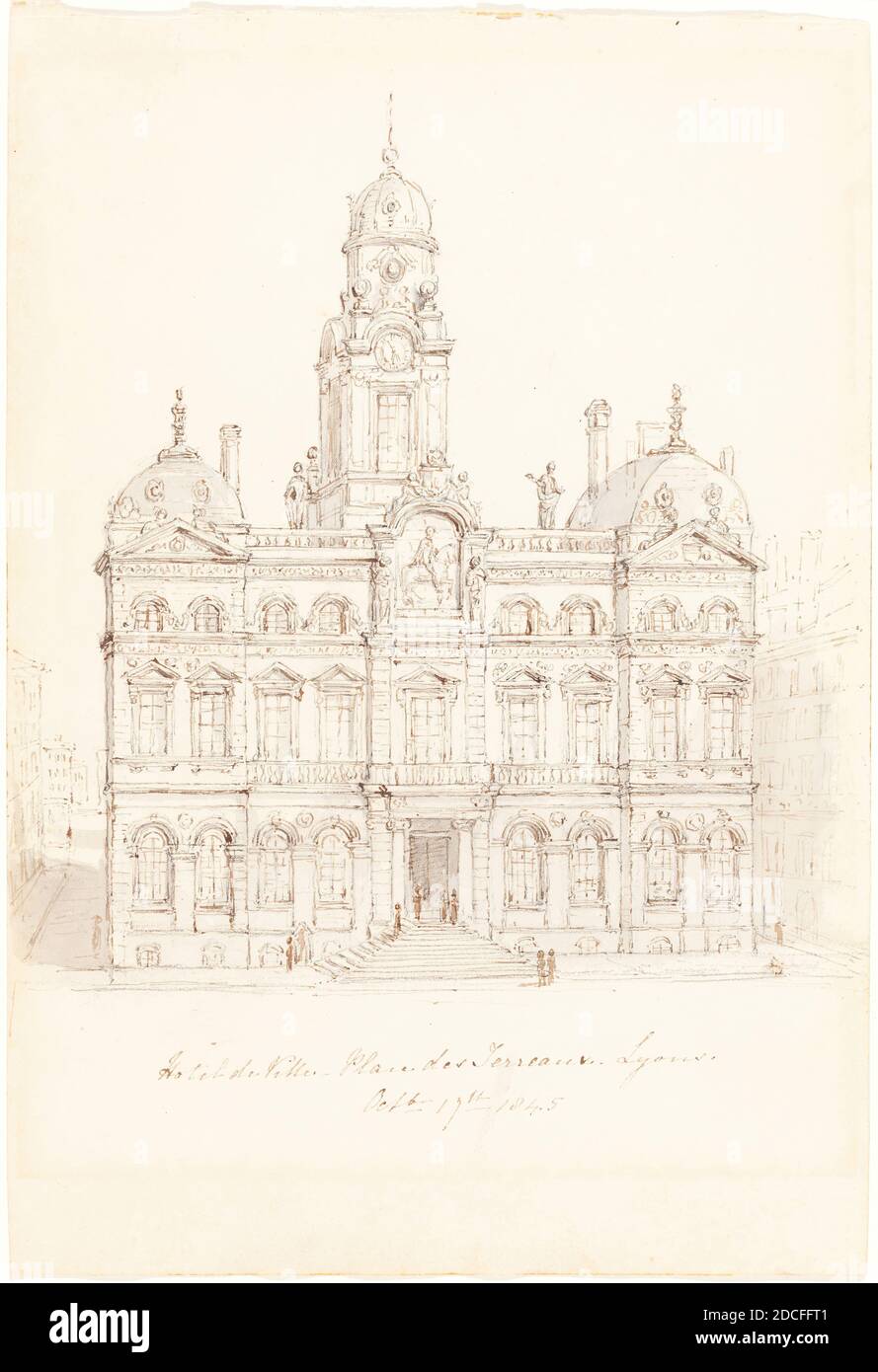 Robert Smirke, (Künstler), Brite, 1752 - 1845, Hôtel de Ville, Place des Terreaux, Lyons, 1845, Stift und braune Tinte mit grauem Graphit auf Wove-Papier, insgesamt: 26.5 x 17.9 cm (10 7/16 x 7 1/16 Zoll Stockfoto