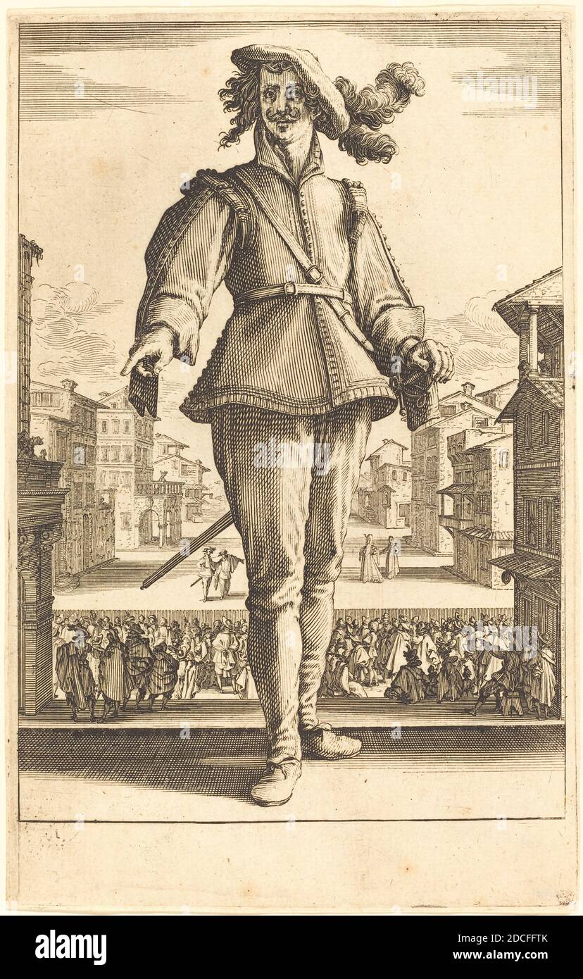 Jacques Callot, (Künstler), Französisch, 1592 - 1635, Il Capitano oder L'Innamorato, drei italienische Komiker, (Serie), 1618/1620, Radierung und Gravur Stockfoto