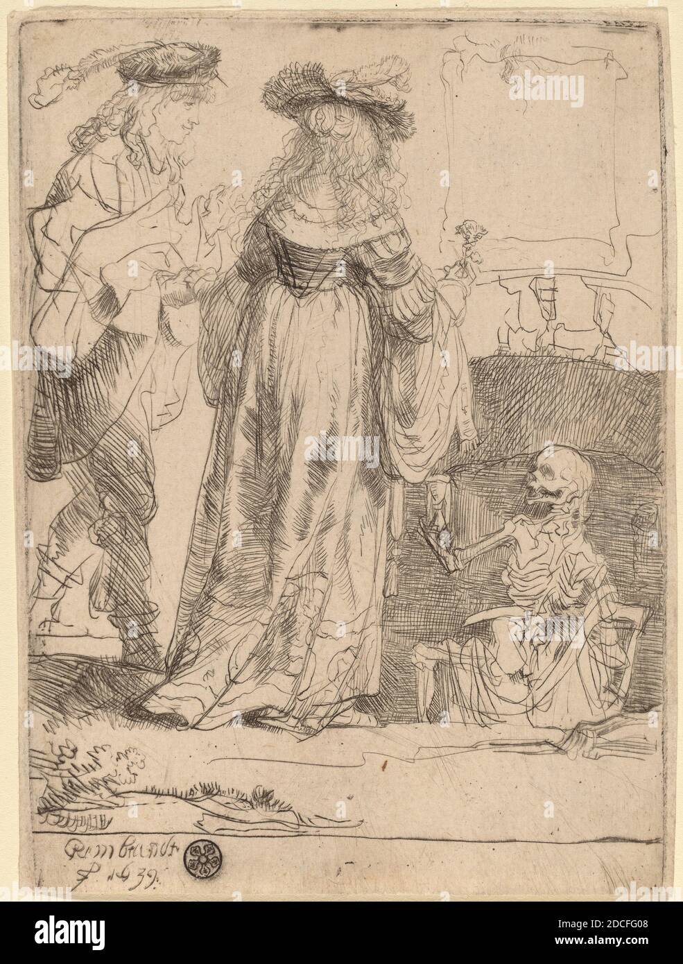 Rembrandt van Rijn, (Künstler), Niederländisch, 1606 - 1669, Tod erscheint einem verheiratetem Paar aus einem offenen Grab, 1639, Radierung, Tafel: 10.9 x 7.9 cm (4 5/16 x 3 1/8 Zoll), Blatt: 11 x 8.1 cm (4 5/16 x 3 3/16 Zoll Stockfoto