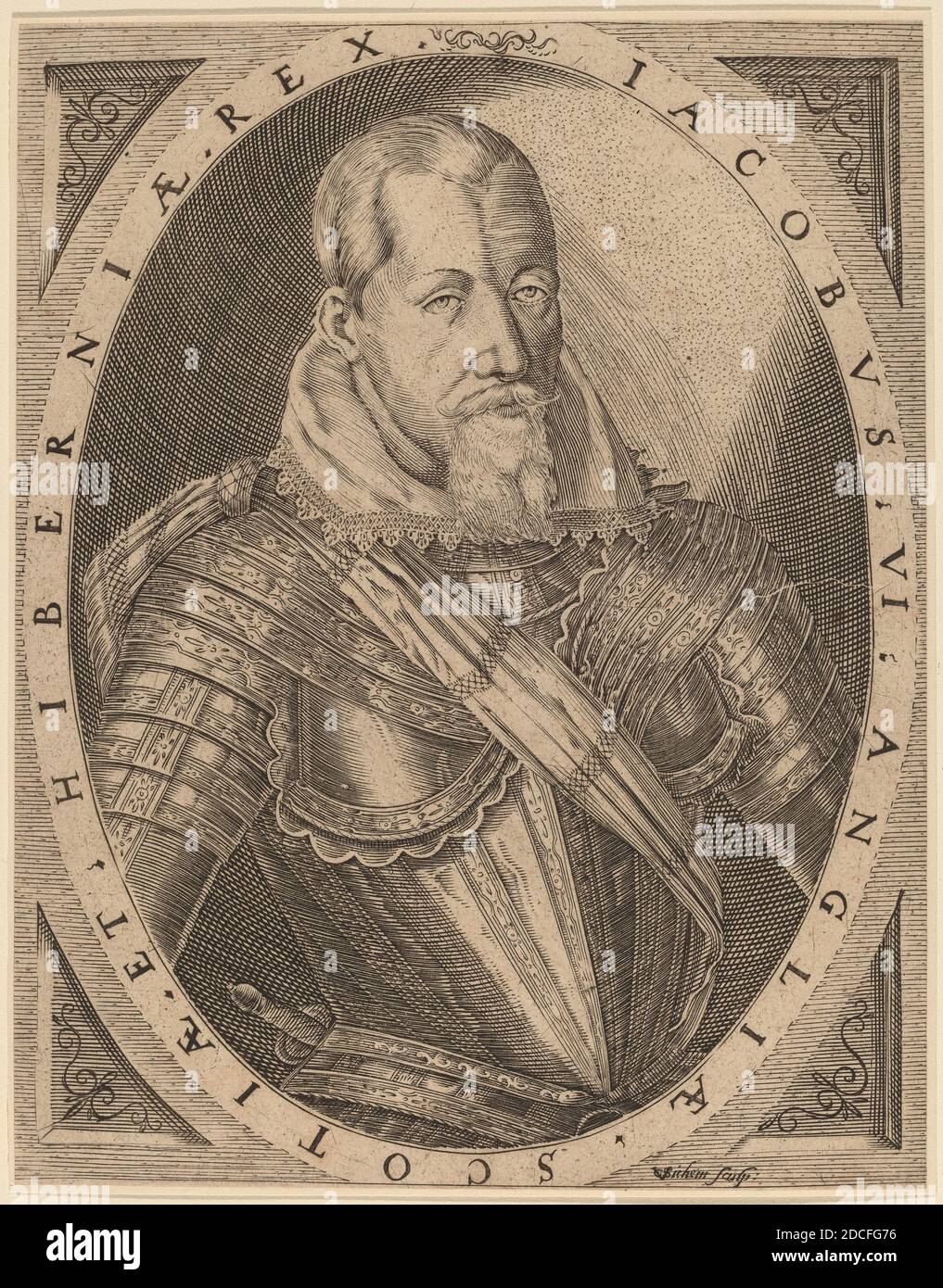 Christoffel van Sichem I, (Künstler), Niederländisch, 1546 - 1624, James I., König von Großbritannien, Gravur, Blatt (innerhalb Plattenmarke zugeschnitten): 14.8 x 11.1 cm (5 13/16 x 4 3/8 Zoll Stockfoto