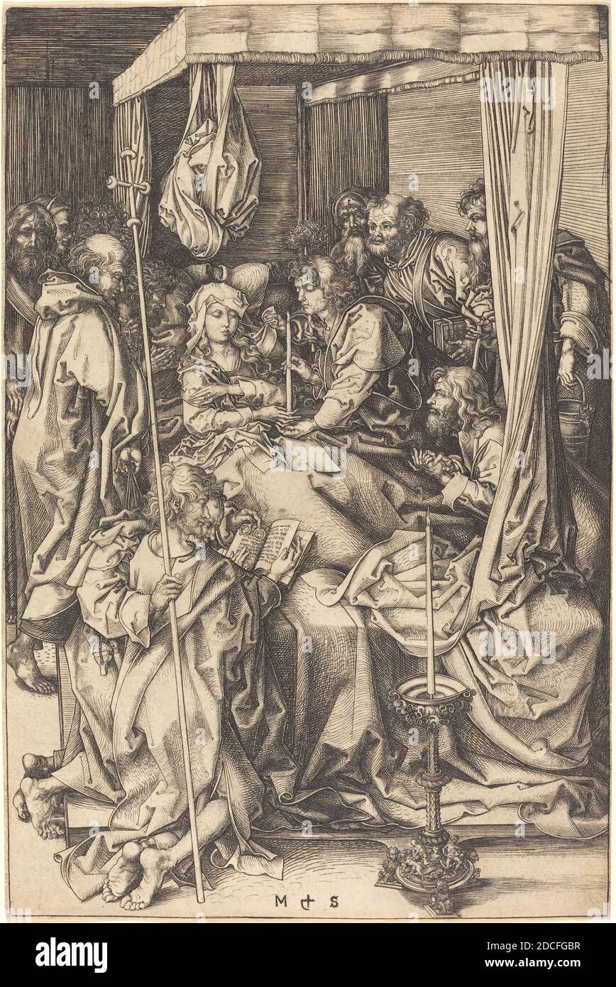 Martin Schongauer, (Künstler), Deutsch, c. 1450 - 1491, Tod der Jungfrau, Leben der Jungfrau, (Serie), c. 1470/1475, Gravur auf Papier, Blatt (auf Plattenmarkierung zugeschnitten): 26.1 x 17.2 cm (10 1/4 x 6 3/4 Zoll Stockfoto