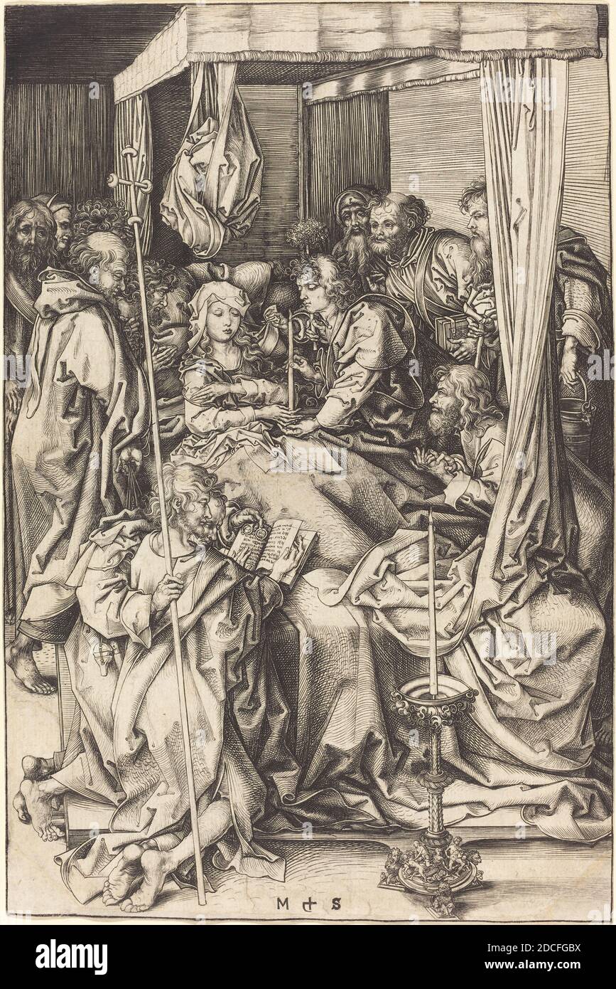 Martin Schongauer, (Künstler), Deutsch, c. 1450 - 1491, Tod der Jungfrau, Leben der Jungfrau, (Serie), c. 1470/1475, Gravur auf Papier, Blatt (auf Plattenmarkierung zugeschnitten): 25.7 × 17 cm (10 1/8 × 6 11/16 Zoll Stockfoto