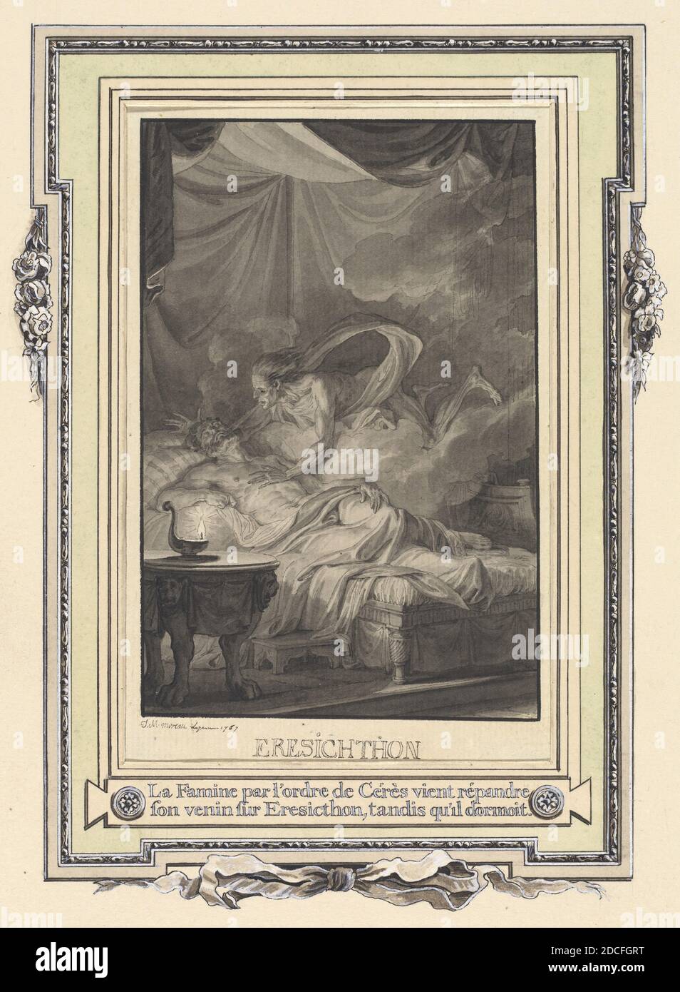 Jean-Michel Moreau der Jüngere, (Künstler), Französisch, 1741 - 1814, La Famine par l'ordre de Ceres ..., Album mit Zeichnungen & Druckgrafiken zu 'Les Metamorphoses d'Ovide', (Serie), 1767, Stift und schwarze Tinte und Pinsel und schwarze Tinte mit grauer Wäsche Stockfoto